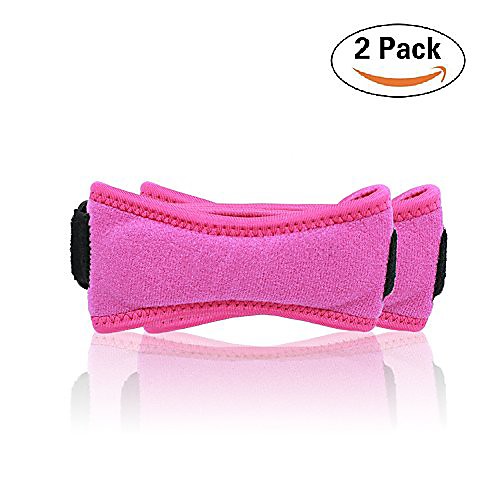 

2 piece knee pain relief & patella stabilizer knee strap brace support, non-slip joint support for soccer, basketball, running, jumpers knee, tennis, tendonitis, volleyball & squats, pink