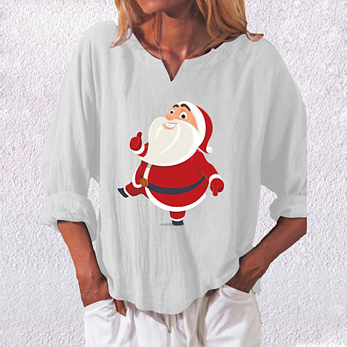 

Women's Blouse Shirt Graphic Prints Long Sleeve Print V Neck Tops Basic Christmas Basic Top White Black Dusty Blue