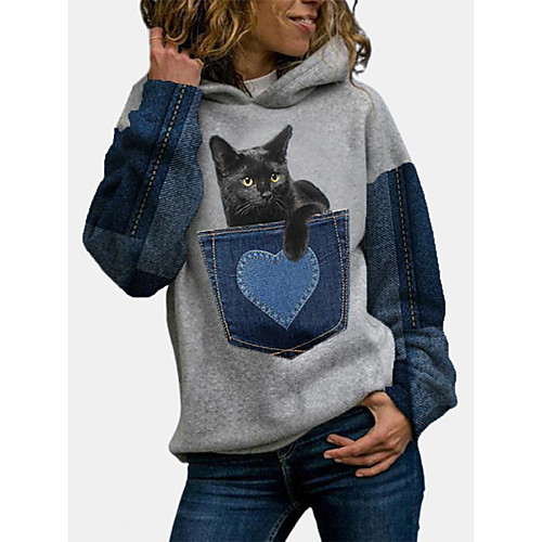 

Women's Pullover Hoodie Sweatshirt Cat Graphic Color Block Daily Christmas Hoodies Sweatshirts Blue Gray