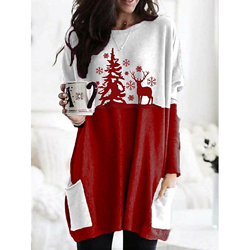 

Women's Shift Dress Short Mini Dress Red Long Sleeve Print Patchwork Print Fall Spring Round Neck Casual Christmas 2021 S M L XL XXL 3XL 4XL 5XL