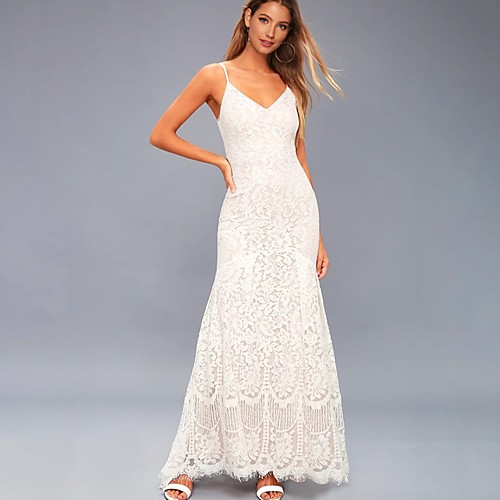 

Women's Swing Dress Maxi long Dress White Sleeveless Solid Color Backless Embroidered Lace Fall Off Shoulder Elegant Sexy 2021 S M L XL XXL