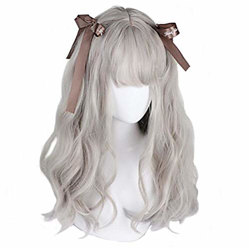 

long curly wig - natural synthetic hair lolita wigs for cosplay and daily wear (gray)(no accessories)