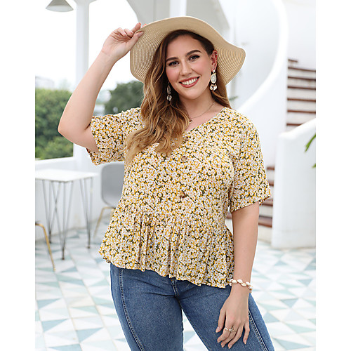 

Women's Plus Size Blouse Shirt Floral Print V Neck Tops Basic Top Yellow Navy Blue