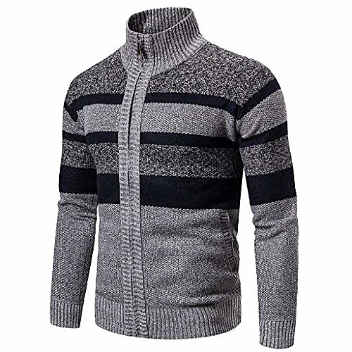 

notingbuss mens casual slim fit cardigan stripe sweater long sleeve turtleneck knitted pullover zipper closure gray