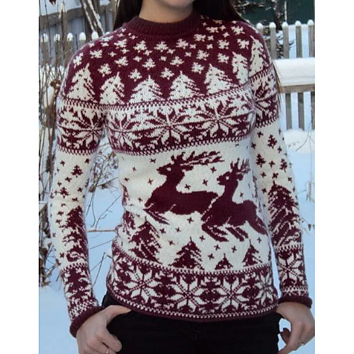 

Women's Christmas Knitted Abstract Pullover Long Sleeve Sweater Cardigans Crew Neck Winter Red
