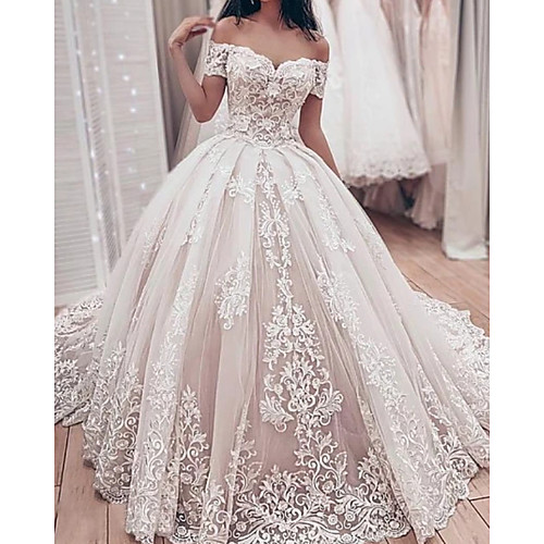 

Ball Gown Wedding Dresses Off Shoulder Watteau Train Lace Tulle Sleeveless Formal with 2021