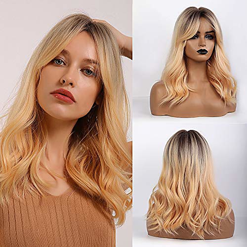 

natural looking ombre blonde wig with dark roots middle parting long wavy synthetic wig heat resistant 20 in