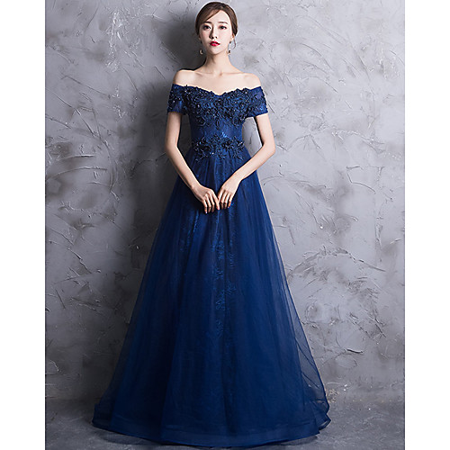 

A-Line Elegant Floral Prom Formal Evening Dress Off Shoulder Short Sleeve Floor Length Lace with Beading Embroidery 2021