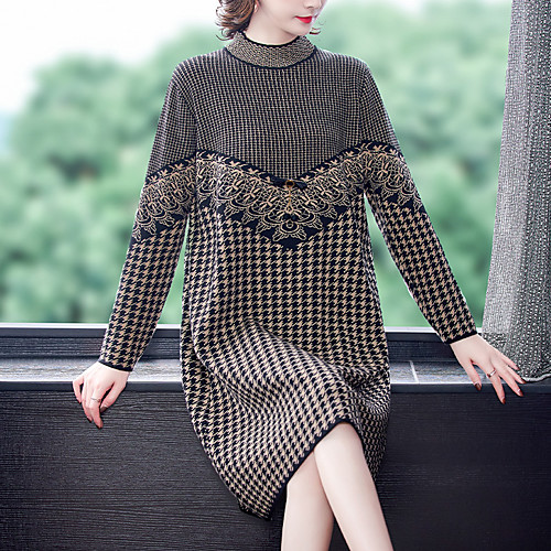 

Women's Sheath Dress Knee Length Dress Black Long Sleeve Check Patchwork Fall Turtleneck Casual 2021 One-Size