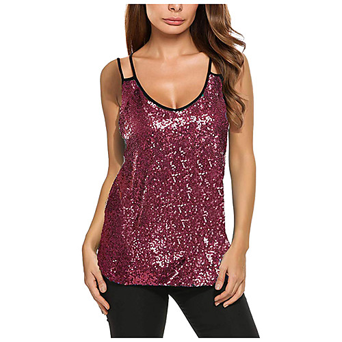 

Women's Tank Top Plain Sequins V Neck Tops Streetwear Basic Top Black Blushing Pink Gold