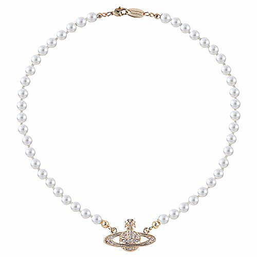 

rxing white pearl bead necklaces crystal rhinestone saturn planet necklace best friend girlfriend birthday anniversary (gold)