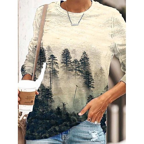 

Women's T shirt Scenery Graphic Prints Long Sleeve Print Round Neck Tops Basic Basic Top Beige