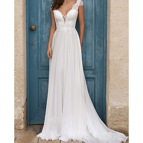 

Sheath / Column Wedding Dresses V Neck Court Train Chiffon Lace Sleeveless Country with 2021