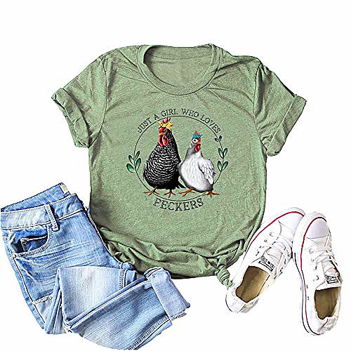

Women's Just a girl who loves peckers T shirt Graphic Text Cartoon Print Round Neck Tops Active Basic Basic Top Olive green Light gray Dark gray