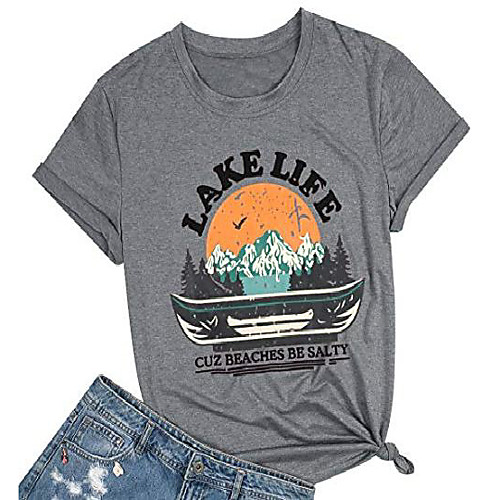 

t-shirt for women lake life shirt vacation graphic tee shirt country music letters print casual novelty top shirt (grey, large)