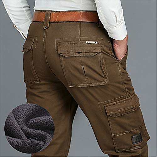 

fleece warm winter cargo pants men's casual loose multi pocket military army style trousers dark khaki 38