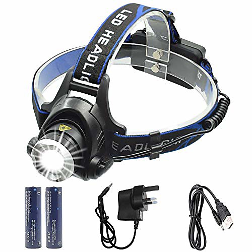 

head torch, 2000 lumen 5000 lumen zoomable rechargeable led headlamp headlight flashlight, waterproof adjustable led headlamp, 3 modes, perfect for running, walking the dog, camping, reading