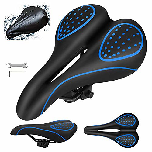 

bike seat gel waterproof bicycle saddle with central relief zone and ergonomics design for mountain bikes road bikes,with seat rain cover (black/blue)