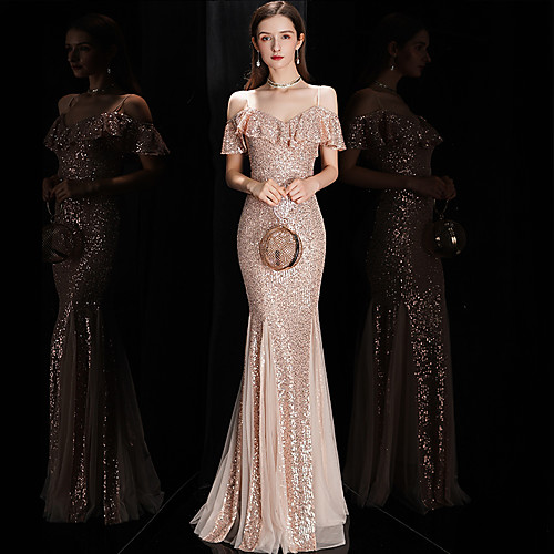 

Mermaid / Trumpet Sparkle Sexy Engagement Formal Evening Dress V Neck Sleeveless Floor Length Sequined with Sequin Ruffles 2021