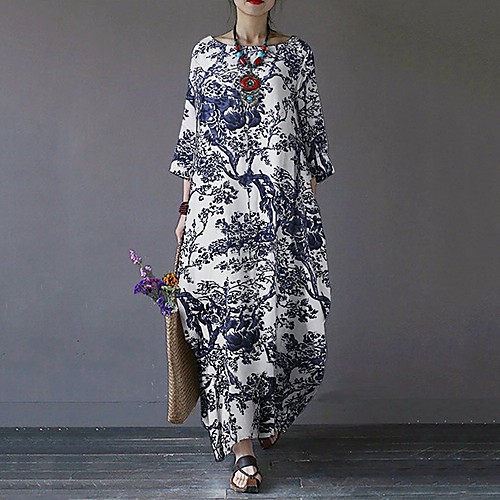 

Women's A Line Dress Maxi long Dress White Navy Blue 3/4 Length Sleeve Print Print Fall Winter Round Neck Casual Cotton 2021 M L XL XXL 3XL 4XL 5XL