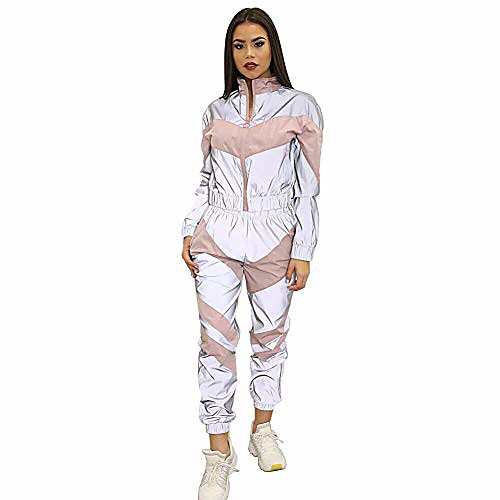 

womens reflective tracksuit long sleeve jacket & high waist pants 2 piece set, pink, tag l = uk 12