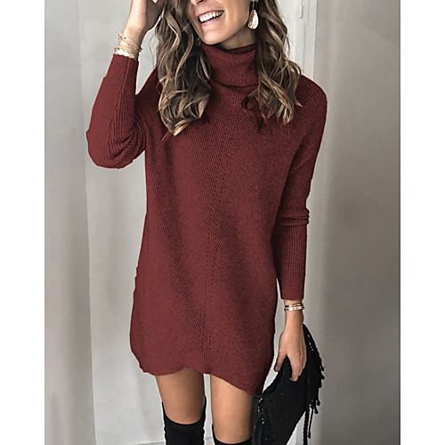 

Women's Sweater Jumper Dress Knee Length Dress Red Orange Long Sleeve Solid Color Fall Turtleneck Elegant Casual Loose 2021 S M L XL XXL 3XL