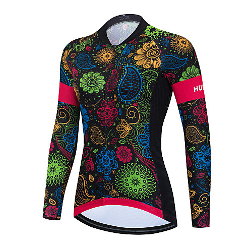

21Grams Women's Long Sleeve Cycling Jersey Green Floral Botanical Bike Jersey Top Mountain Bike MTB Road Bike Cycling Thermal Warm Breathable Quick Dry Sports Clothing Apparel / Stretchy / Athletic