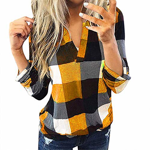 

women casual roll up long sleeve tunic v neck button plaid blouse slim shirt tops orange