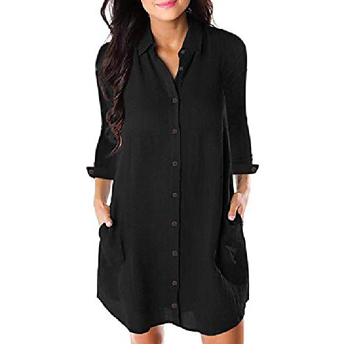 

women's button down plain long sleeve shirt dress casual loose vintage juniors swing tunic dress with pocket large size black