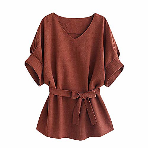 

women's v neckline self tie short sleeve blouse tops solid color loose t-shirt (brown, m)