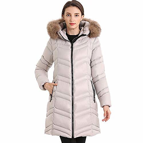 

women's down jacket winter long parka coat with fox fur hooded (small, light gray)