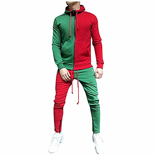 

, men's activewear sets - color block sweatsuit for men - drawstring full zip up hoodies for men - patchwork pants for jogger - outdoor sport tracksuit workout wear sets