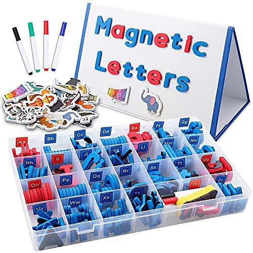 

abc magnetic letters set for kids and toddlers. alphabet lowercase and uppercase foam magnets toy with white board, 4 pens and eraser.