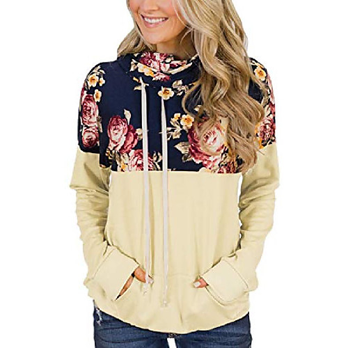 

women's floral pullover hoodies drawstring sweater long sleeve pockets hooded sweatshirts 091 beige l