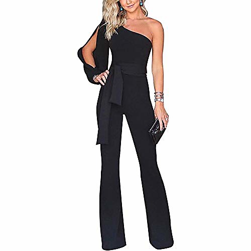 

women solid off shoulder rompers pantsuits drawstring split ruffle sleeve jumpsuits belted black