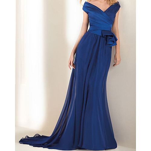 

Sheath / Column Luxurious Sexy Wedding Guest Formal Evening Dress V Neck Short Sleeve Court Train Chiffon with Pleats Ruched 2021