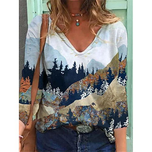 

Women's Tunic Scenery Long Sleeve Print V Neck Tops Sexy Basic Top White