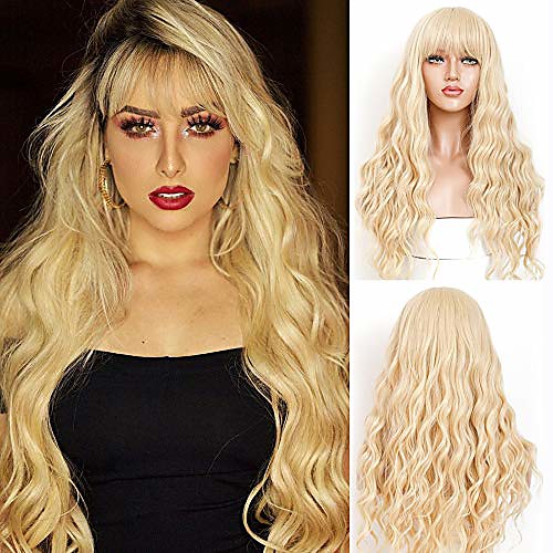 

blonde wig with bangs natural loose wave wig glueless long wavy synthetic wig for women blonde wigs glueless bangs wigs long narural curly high density synthetic 26inch