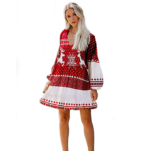 

Women's A Line Dress Short Mini Dress Red Long Sleeve Print Fall V Neck Elegant Casual Christmas 2021 S M L XL