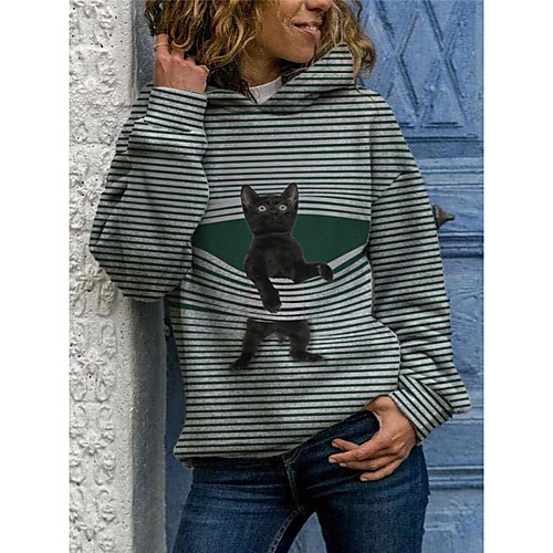 

Women's Pullover Hoodie Sweatshirt Striped Cat Graphic Daily 3D Print Casual Hoodies Sweatshirts Black Blue Green