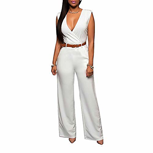 

one piece white jumpsuits sexy summer loose pant solid color high waist party romper with belt 2x