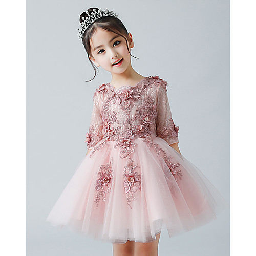 

A-Line Ankle Length Christmas / Birthday Flower Girl Dresses - Tulle Half Sleeve Jewel Neck with Appliques