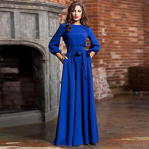 

Women's Swing Dress Maxi long Dress White Black Blue Red Green Long Sleeve Solid Color Lace up Patchwork Bow Fall Round Neck Elegant vacation dresses Lantern Sleeve 2021 S M L XL XXL