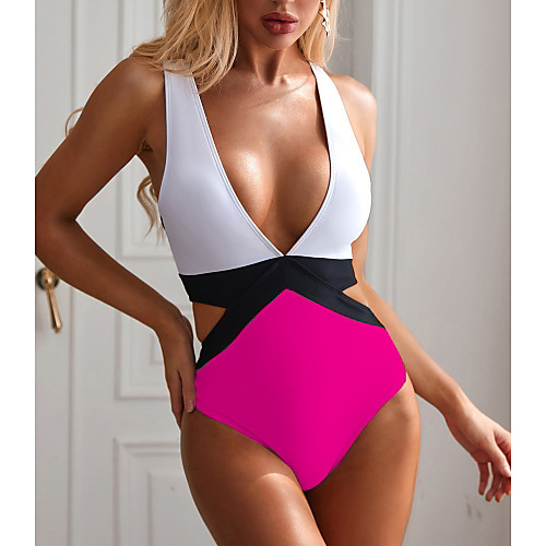 

Women's One Piece Board Shorts Swimsuit Cut Out Print Color Block Blue Fuchsia Orange Khaki Navy Blue Swimwear Padded Strap Bathing Suits Fashion Sexy