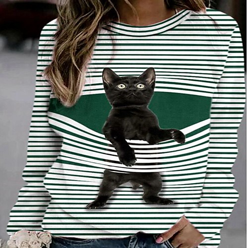 

Women's Blouse Shirt Striped Cat Long Sleeve Print Round Neck Tops Streetwear Basic Top White Green