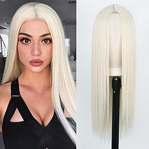 

white straight long wigs for women 26 inch middle part long platinum blonde #60 straight wigs natural looking synthetic heat resistant full wigs (60#)