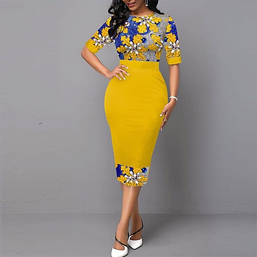 

Women's Shift Dress Midi Dress Yellow Half Sleeve Print Fall Spring Work Elegant 2021 S M L XL XXL
