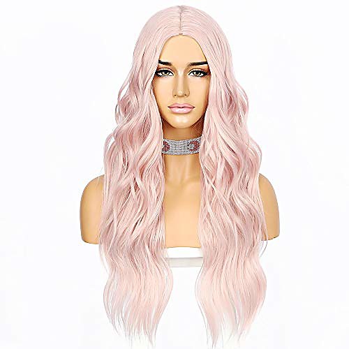 

light pink color hair no-lace wavy big curly wig synthetic natural looking heat resistant fiber hair for girls women