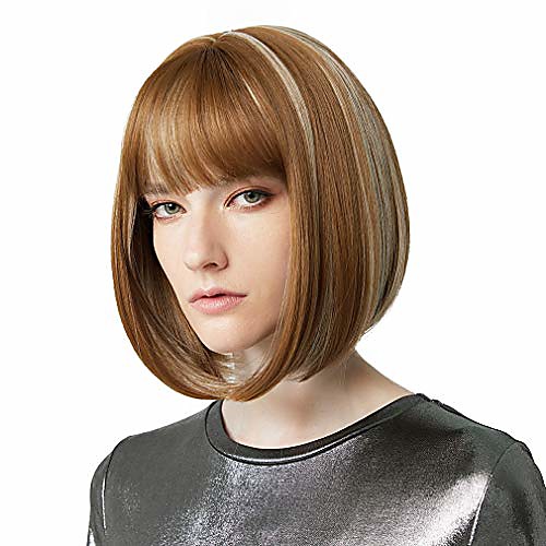 

11 short bob wig with bangs synthetic hair for white black women cosplay color: medium blonde with light blonde highlights