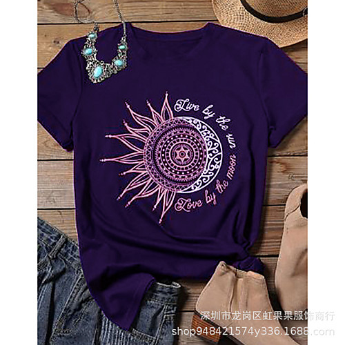 

live by the sun love by the moon graphic t-shirts women sun and moon printed short sleeve casual tee tops (s, red)